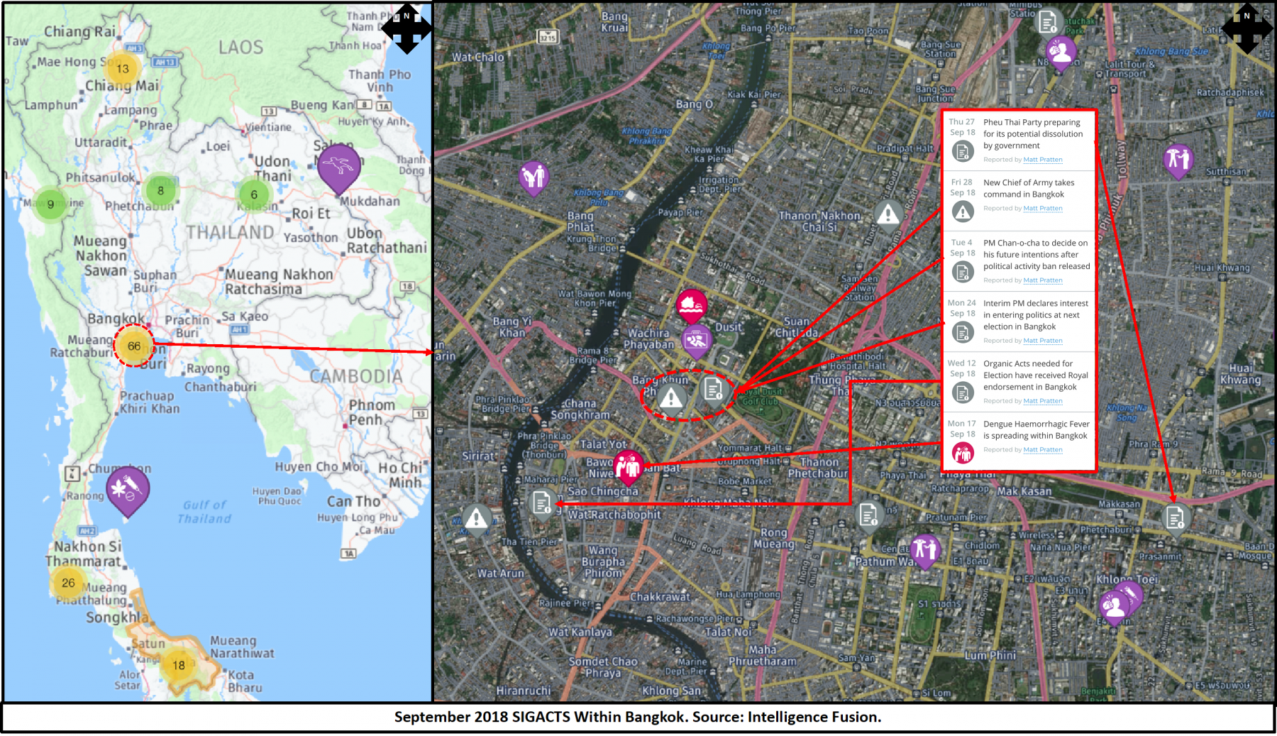 A map focusing on the significant criminal activity in Bangkok, Thailand during September 2018